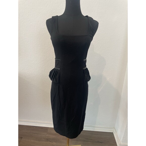 Dsquared2 Black Peplum Leather Trim Wool Mid-length Dress EU Sz 40 US 8 Bodycon - Picture 5 of 8